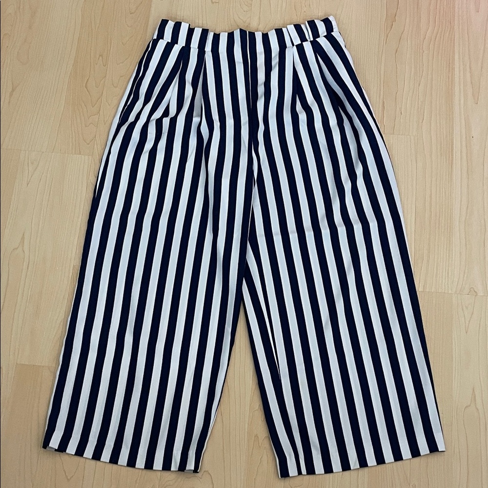 Zara - Navy and White Striped Wide-Leg Pants